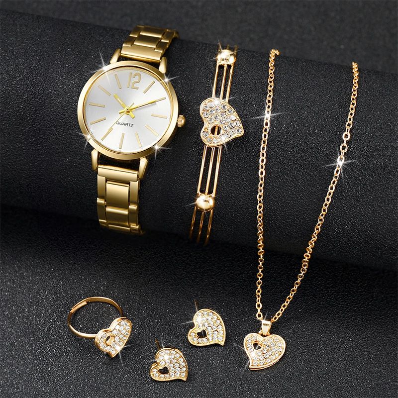 6PCS/Set Women's Watch Fashion Stainless Steel Band Analog Quartz Watches Heart Jewelry Set