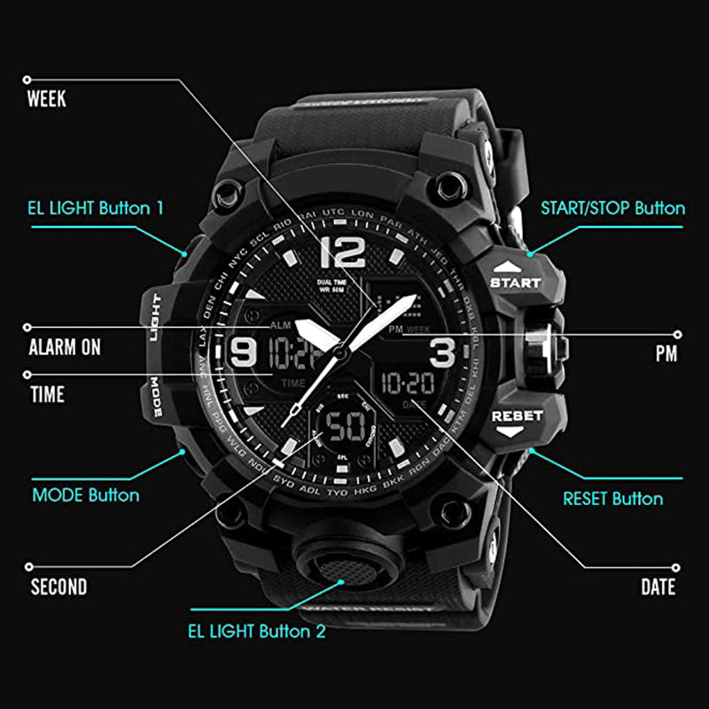 Men Watches Military Dual Display Army Watches LED Back Light Calendar Day Date Stopwatch