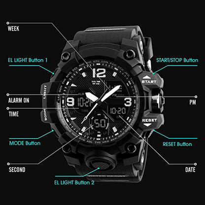 Men Watches Military Dual Display Army Watches LED Back Light Calendar Day Date Stopwatch