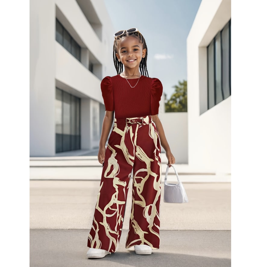 Two-Piece Set(T-shirt+Pants) Girls' Summer - Bubble Sleeve Top & Floral Print Wide Leg Pants, Trendy Casual Outfit for Kids with Vintage Chic Style