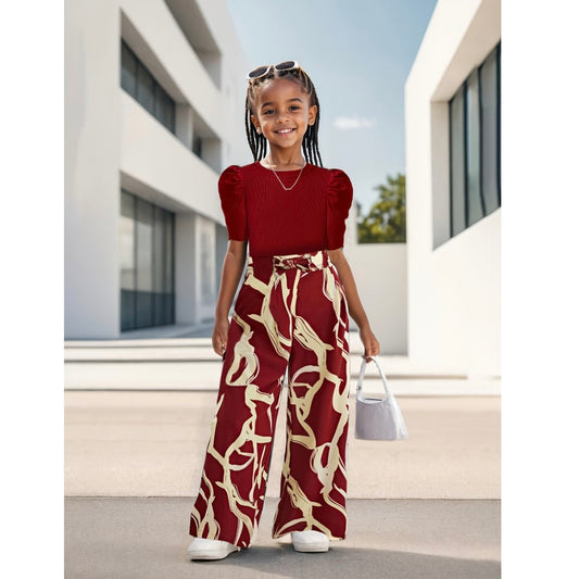 Two-Piece Set(T-shirt+Pants) Girls' Summer - Bubble Sleeve Top & Floral Print Wide Leg Pants, Trendy Casual Outfit for Kids with Vintage Chic Style