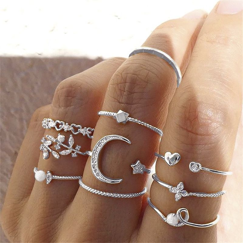 Star Moon Ring Love Leaves Geometric 10-piece Ring Creative Retro Female Joint Multiple Set Combination Ring