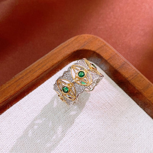 Diamond studded simple and fashionable wide face ring, retro palace style index finger ring, light luxury and high-end feel bracelet