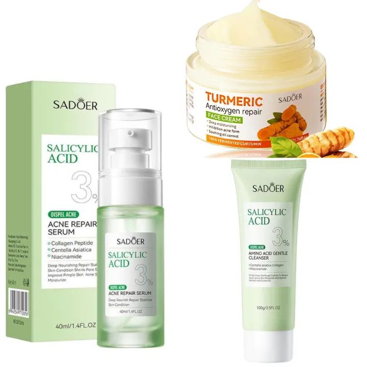 3 in 1 SADOER Set of Salicylic Serum + Turmeric Cream + Cleanser with 3% Salicylic Acid Collagen Peptide and Niacinamide, Centella Asiatica & Niacinamide, Can add Vitamin C, Remove Acne, Moisturize