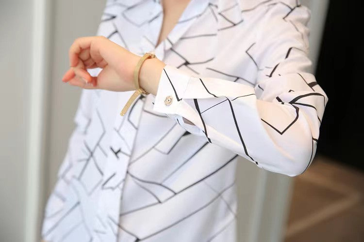 Blouses Smooth Cut Plus-Size Women's White Chiffon Shirt Fashion Commuter Striped Print Casual Long-Sleeved Top