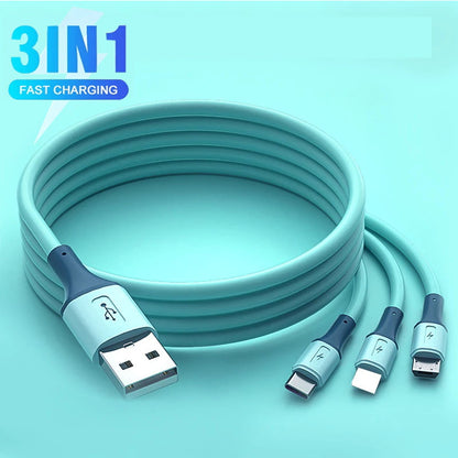 3 In1 Liquid silica gel charging cables Micro USB+type c+iphone Charger Cable Fast Charging data line Data Cables