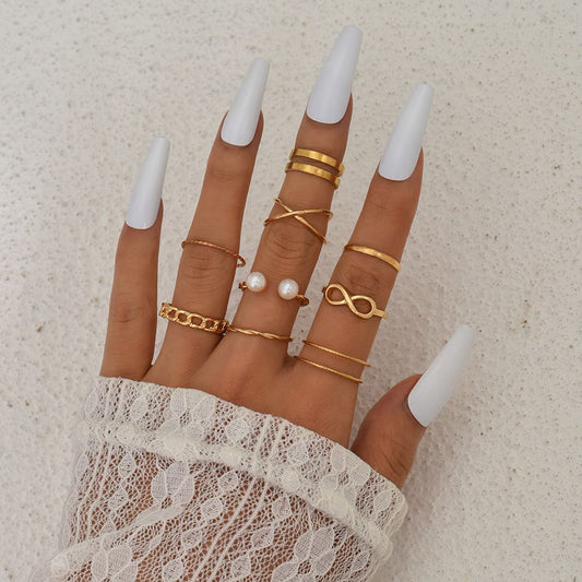 ZHJH 9PCS Ring Set Bohemian Style Inlaid Pearl Joint Ring 8-character Geometric Hollow Design Combination Ring Set Daily Wear Festival Set