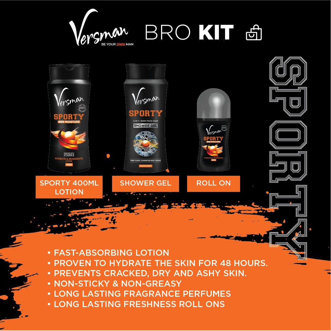 Versman Bro Kit: Sporty 400ml Lotion + Shower Gel + Roll On Deo (Pack of 3)