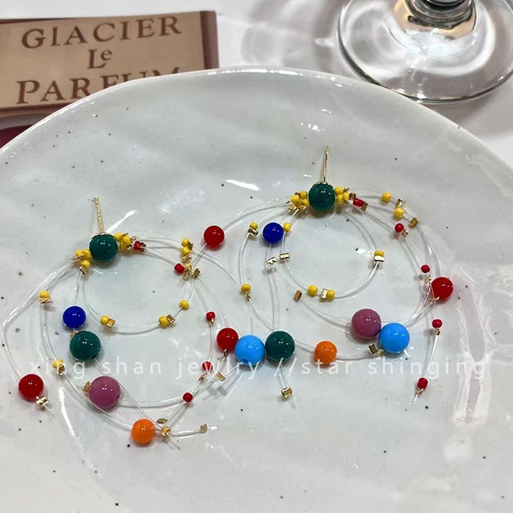 New Dopamine Colored Beaded Earrings with Personalized and Versatile Earrings, Non collision Style, Fun Ear Clips, Ear Accessories for Women (This style has ear clips)