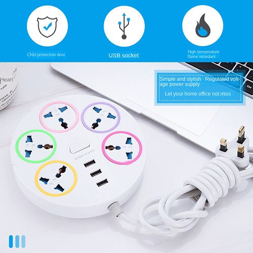 British Round Desktop Socket Universal Power Strip Power Socket Heavy Duty Surge Protector Plug Power Socket 5 Way Outlets 3 USB Charging Ports USB Charger Adapter 6.56 ft Long Extension Cord