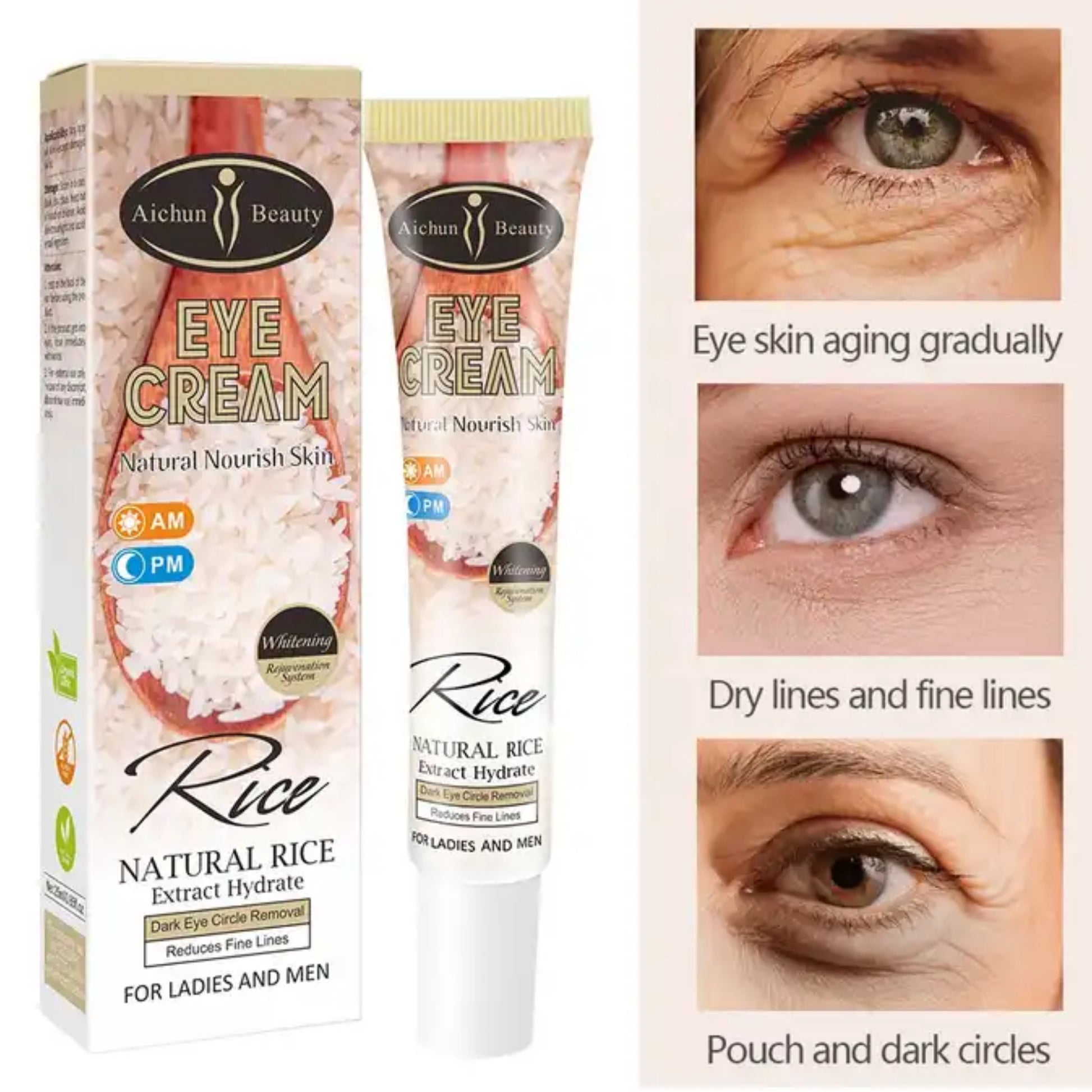 Aichun Beauty Natural Rice Eye Cream - Bags Removal Anti Wrinkle Firming Eye Cream for dark circles and puffiness