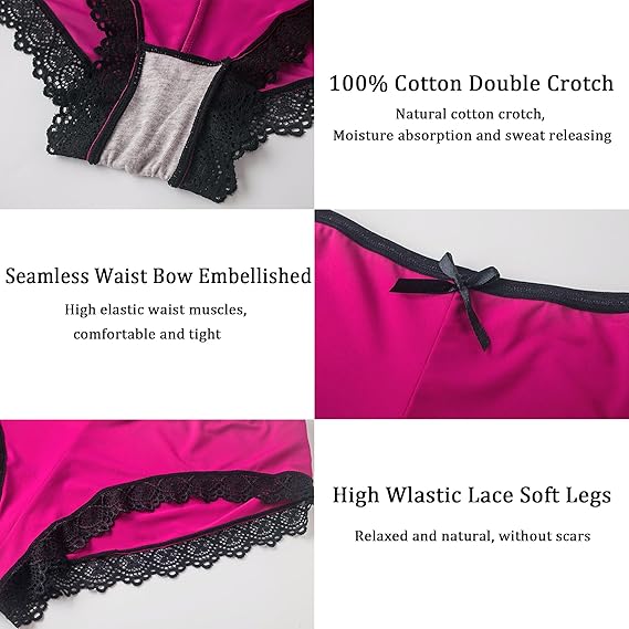 4pcs Women's Bikini Underwear Panties Lace Trim Classic Low Rise Lady Soft Breathable Briefs Hipster Pantie