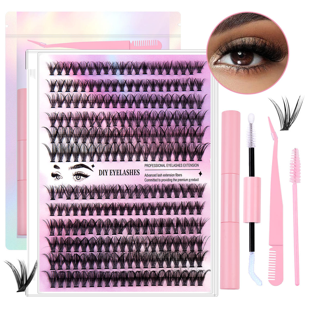 DIY Sectional 30D+40D False Eyelashes 12 rows with large capacity glue tweezers set eyelashes combination 30D+40D+ Pink double-head glue + pink tweezers