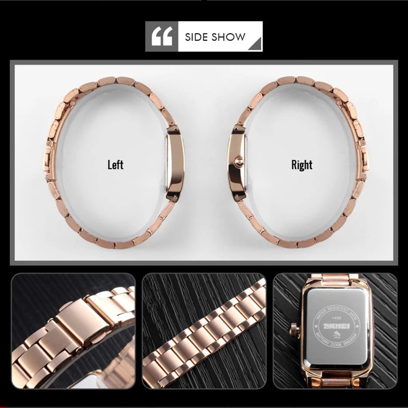 SKMEI Women Watch Rectangle Dial Elegant Quartz Japanese Lady Wristwatches Golden Stainless Steel Bracelet Watches