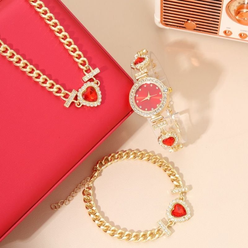 3 Pcs Set Women's Watch Inlaid Love Diamond Small dial Luxury Brand Temperament Bracelet Watch With Necklace Bracelet + Box