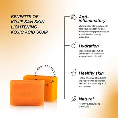 3 Packs Kojie San Original Kojic Acid Skin brightening & Lightening Soap for Men and Women orange flavour (65g Bars- Pack of 3) Philippines Imported Dermatologically Tested Paraben Free