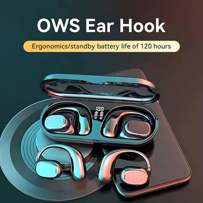 Wireless Bluetooth Earphone Bone Conduction Headphones Sports Earbud Ear-hook Waterproof Noise Reduction Earpods Display Touch Control Game Earpiece with Charging Case