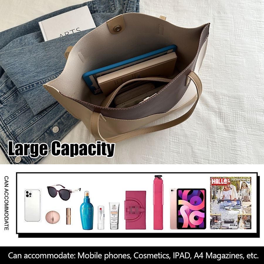 2 In 1 Ladies Handbags Pouch Bags Set Large Capacity Tote Bag Small Bag PU synthetic leather Color-Block Bag