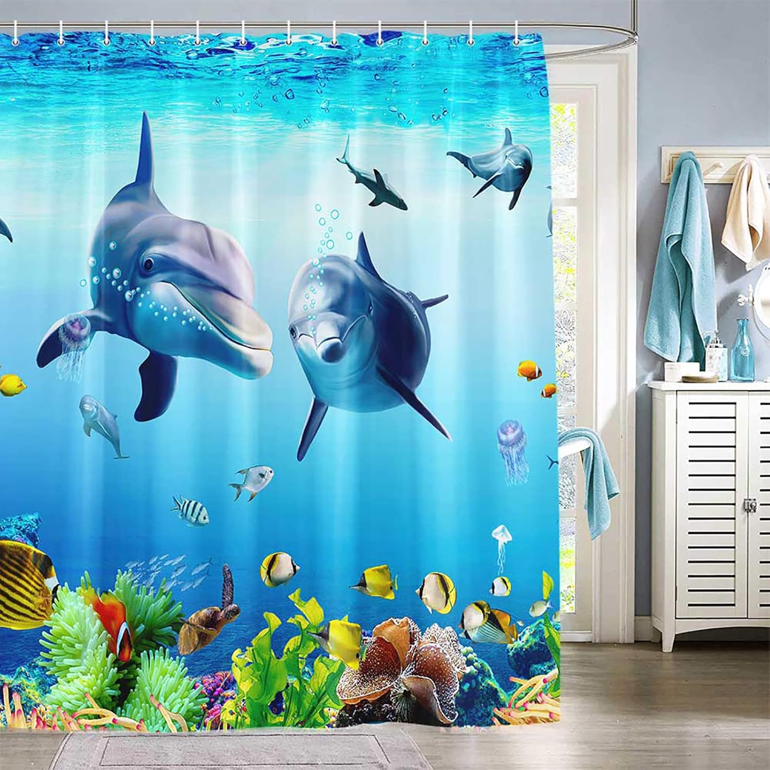 1PCS Dolphin Shower Curtain Shower Curtains Blue Ocean Wildlife Theme Bathrooms Shower Curtains Waterproof