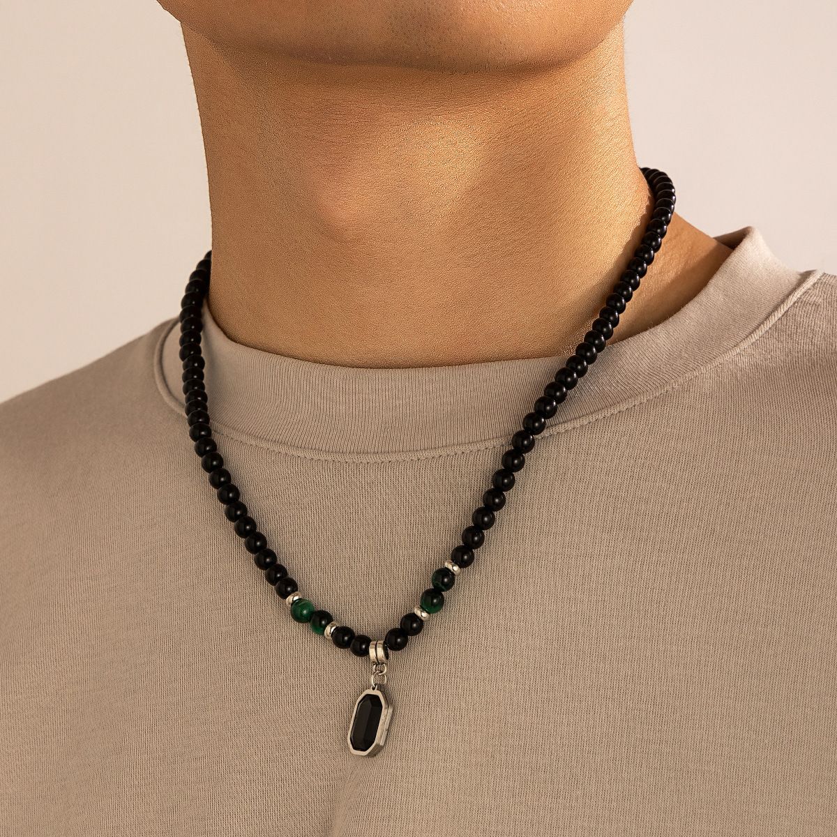 Black Beads with Square Pendant Necklace for Men Trendy Accessories on the Neck Collar 2024 Fashion Jewelry Male Gift Decoration