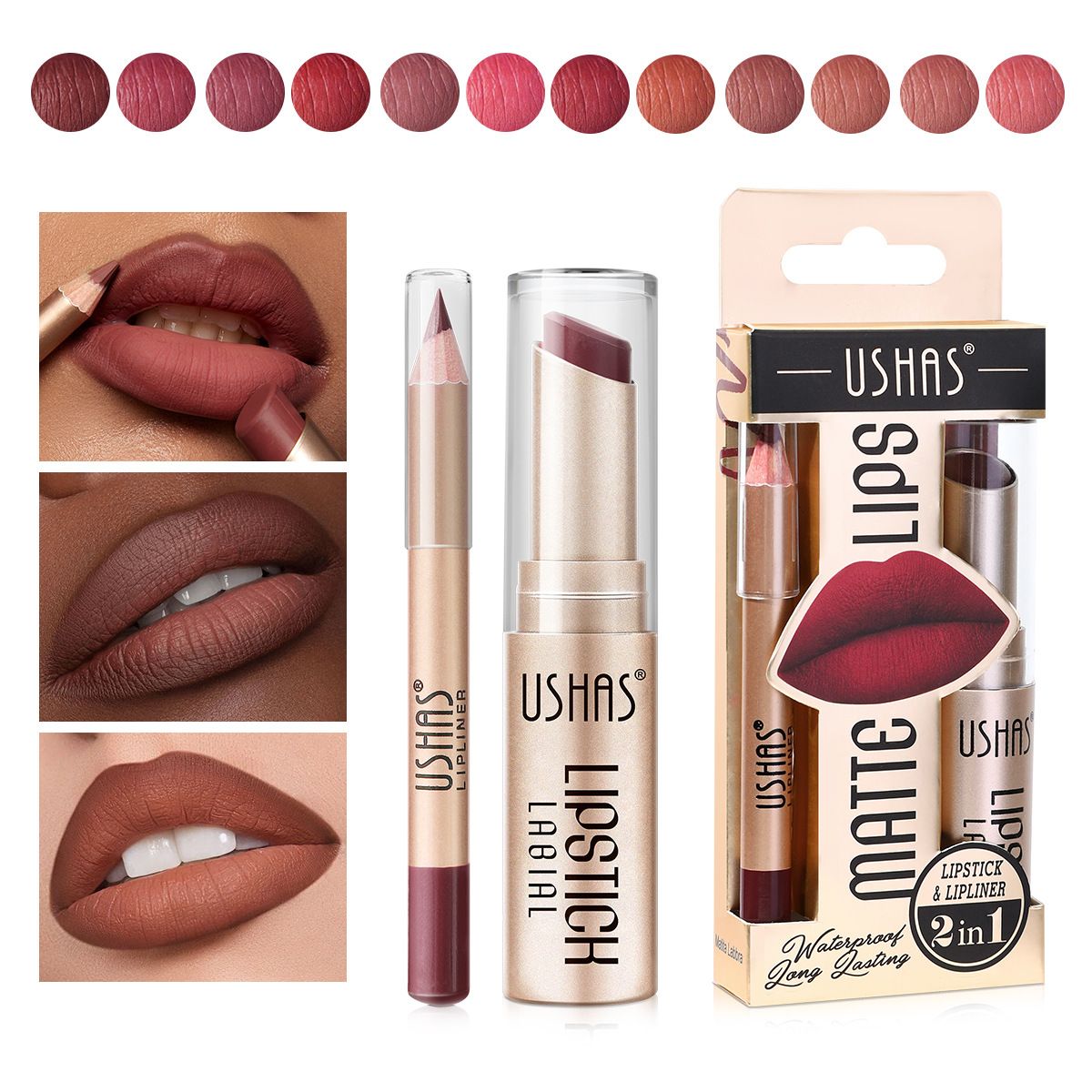 USHAS 2 In 1 Matte Lipstick&lip Liner Set Easy Coloring Matte Lipstick Long Lasting Nude Red Lipstick Lips Makeup