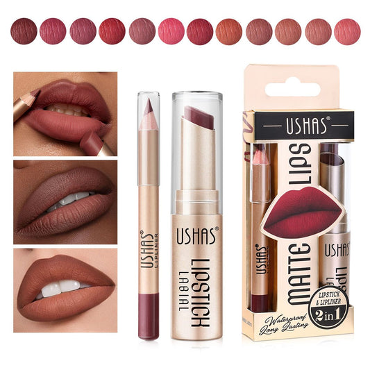 USHAS 2 In 1 Matte Lipstick&lip Liner Set Easy Coloring Matte Lipstick Long Lasting Nude Red Lipstick Lips Makeup