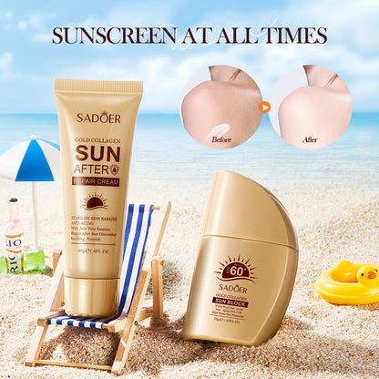 SADOER 2 In 1 Skin Care Set Gold Collagen Sunscreen + Sun After Repair Cream Skin Whitening Sunscreen Lotion SPF 60 Natural Waterproof Face Body Sunscreen