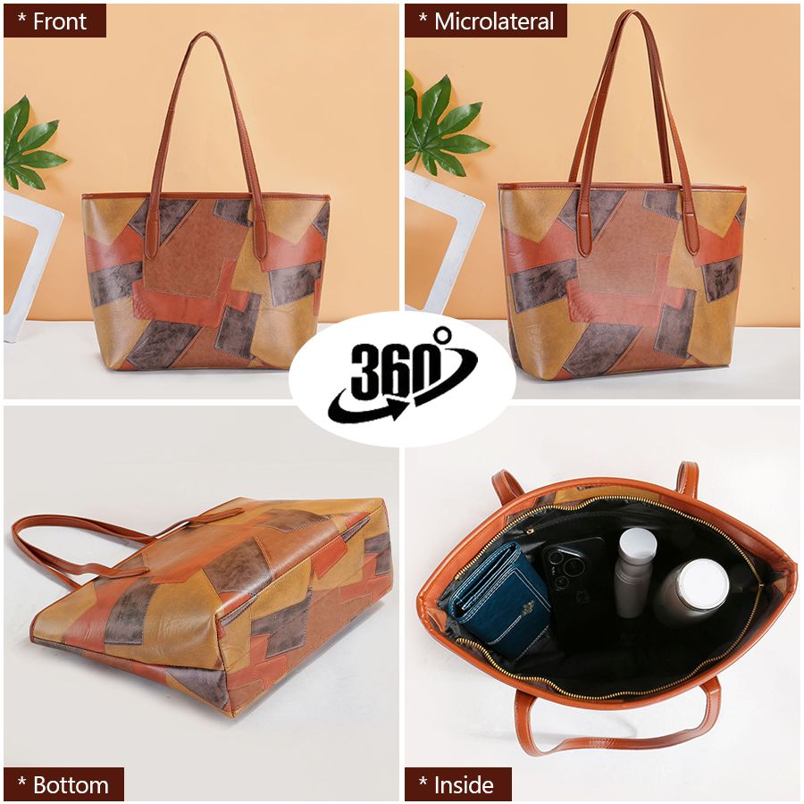 Ladies Large-capacity Handbag Women Geometric Color-blocked Bag PU Synthetic Leather Bag