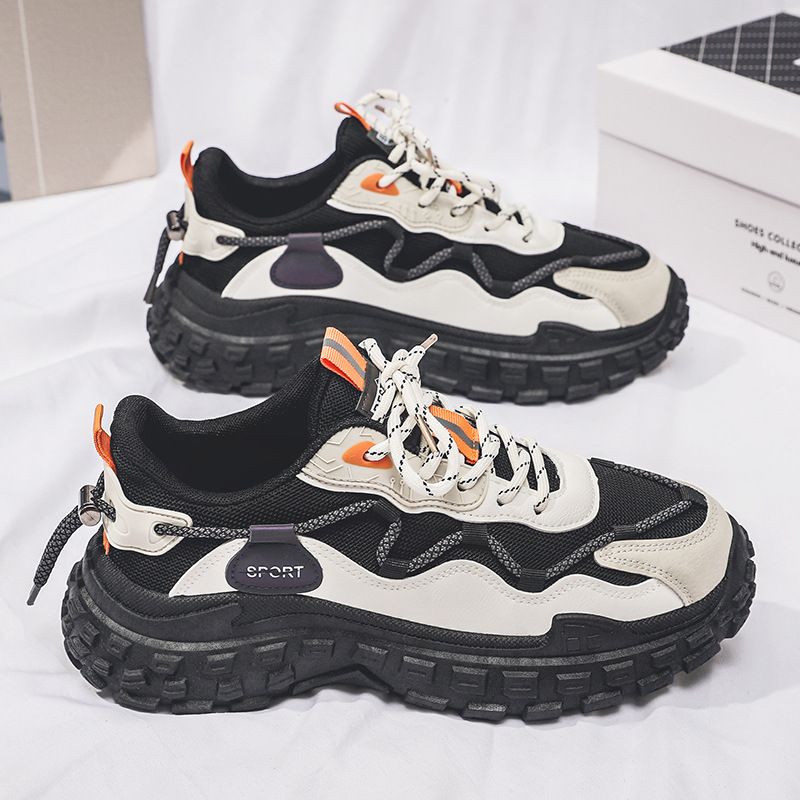 New Men's Shoes Breathable Mesh Surface All Sports Leisure Running Thick Soled Men's Sneakers Orange Black