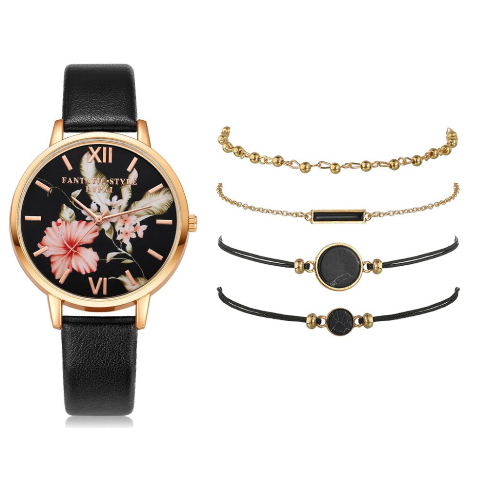 Lvpai 5pcs set Women Watches Bracelet Black Ladies Bracelet Flowers Butterfly Dial Women Watches Leather Band Watch Casual Leather Quartz Wristwatch Gift For Girlfriend