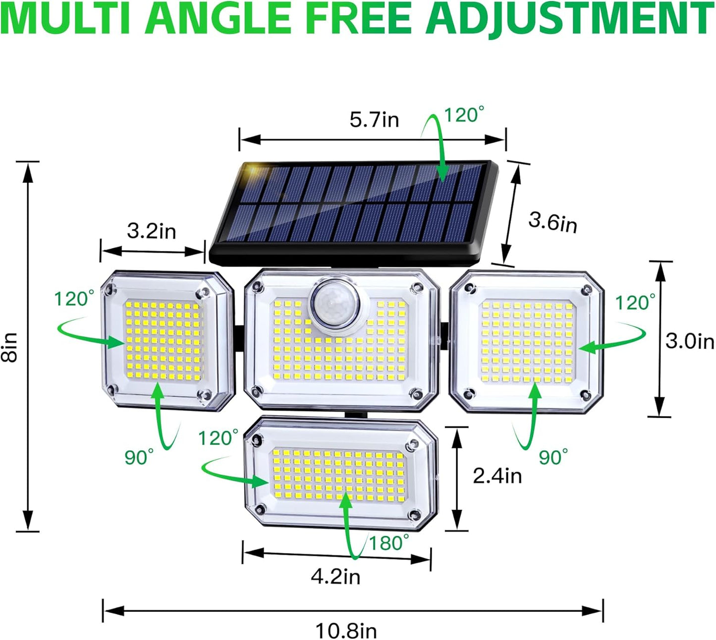 Solar Wall Lamp, 4-Head Solar Power Light, 333 LED Solar Light, Wireless Flood Lights Outdoor，3000 Lumens, 6500K, Motion Sensor, IP65 Waterproof, 270° Lighting Range for Street, Garden, Pathway