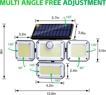 Solar Wall Lamp, 4-Head Solar Power Light, 333 LED Solar Light, Wireless Flood Lights Outdoor，3000 Lumens, 6500K, Motion Sensor, IP65 Waterproof, 270° Lighting Range for Street, Garden, Pathway