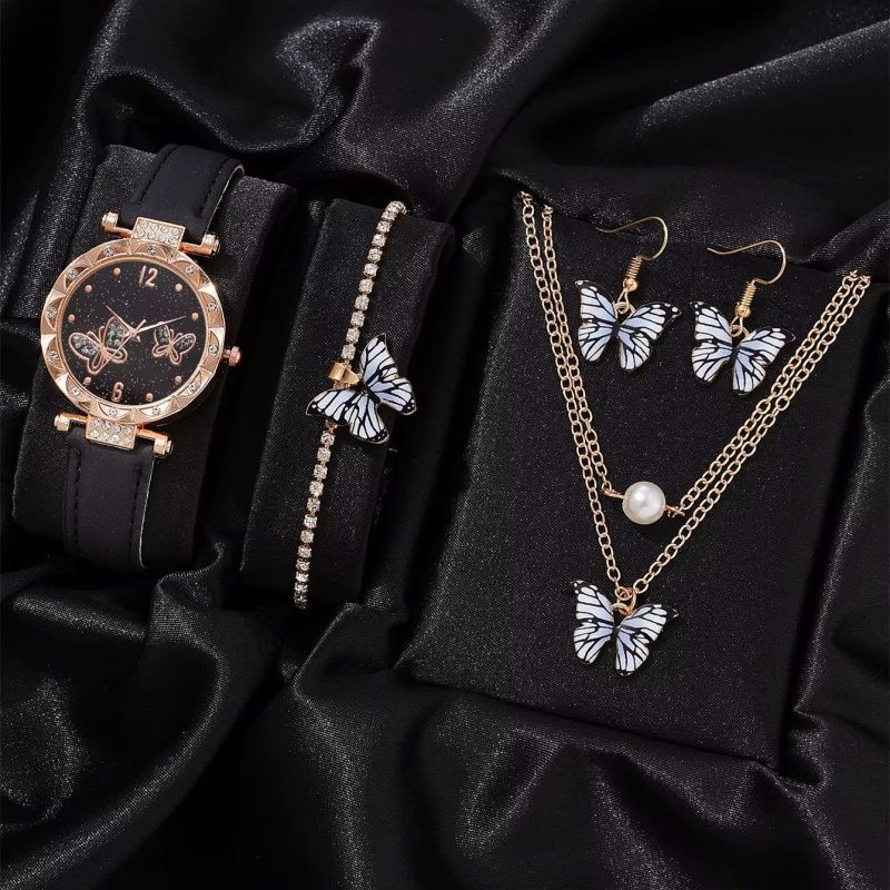 Female Clock Butterfly Dial Watches for Women 5pcs Set Women Quartz Watch Luxury Brand Design Simple Ladies Wristwatch Earrings