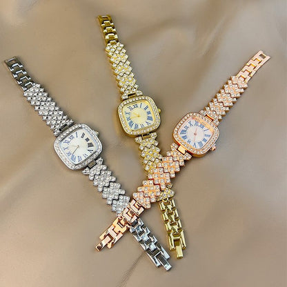 Ladies' quartz watch with starry sky and diamond inlay, ladies' small square watch with fashionable temperament, full diamond square bracelet, quartz women's watch