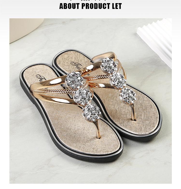 Size 38-43 Women's slippers sandals girls outdoor pinch-foot flat ladies shoes flower flip-flops students outside wear Flip Flops open shoes gold