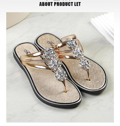 Size 38-43 Women's slippers sandals girls outdoor pinch-foot flat ladies shoes flower flip-flops students outside wear Flip Flops open shoes gold