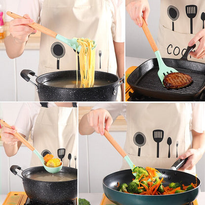 800g 12Pcs Set Wooden Handle Silicone Kitchen Utensils High Quality Silicone Kitchen Utensils Non-stick Pan Cooking Spatula Baking Storage Tool