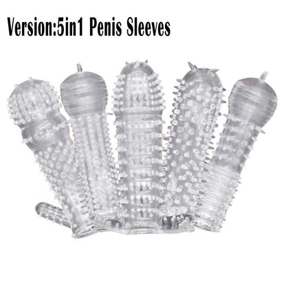 5pcs Pack Penis Sleeves Cock Enlarger Extender Delayed Ring Silicone Condom Sex Toys for Men