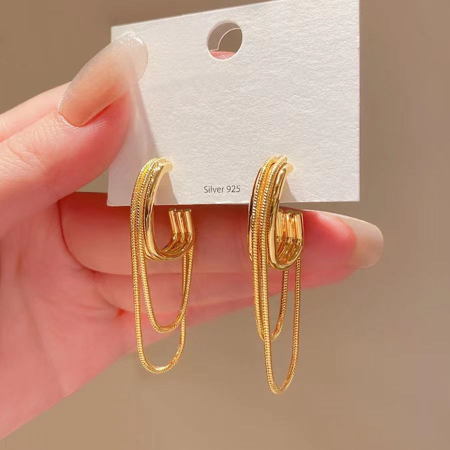 New high-end, light luxury, cool style chain tassel earrings for women with fashionable design and temperament, gold earrings and earrings