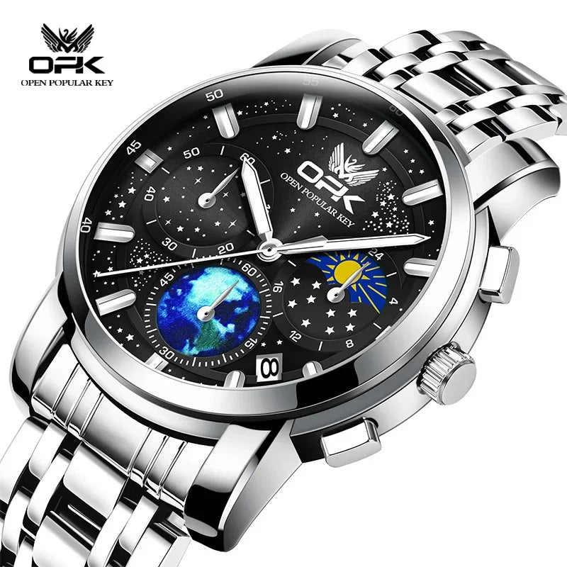OPK Quartz Watches for Men Starry Sky Display Moon phase Multifunctional Stainless Steel Waterproof Luxury Mens Watch