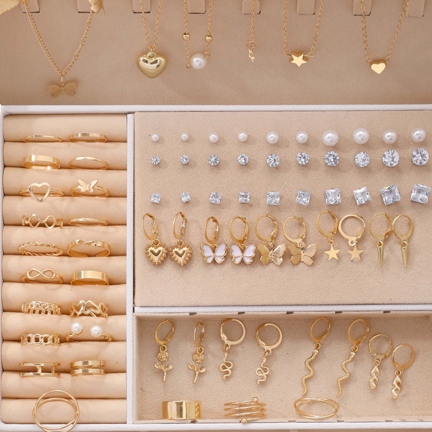 76PCS Luxury Jewelry Set Butterfly Necklace Set Butterfly Ring And Earring Set Diamond And Pearl Earnail Set Elegant Zircon Pendant Earring Ring Necklace Women's Daily Jewelry Gift For Friends