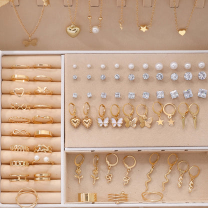 76PCS Luxury Jewelry Set Butterfly Necklace Set Butterfly Ring And Earring Set Diamond And Pearl Earnail Set Elegant Zircon Pendant Earring Ring Necklace Women's Daily Jewelry Gift For Friends