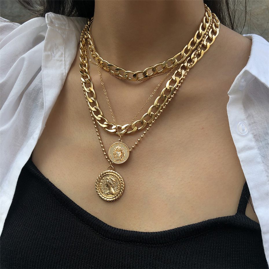 European And American Jewelry Ins Style Creative Versatile High Sense Multi-Layer Portrait Pendant Girl Necklace Collarbone Chain Shein