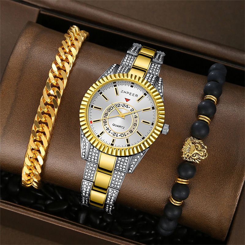 3PCS Set Fashion Mens Calendar Watches Men Business Stainless Steel Quartz Wristwatch Male Casual Necklace Bracelet Watch