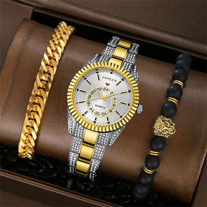 3PCS Set Fashion Mens Calendar Watches Men Business Stainless Steel Quartz Wristwatch Male Casual Necklace Bracelet Watch