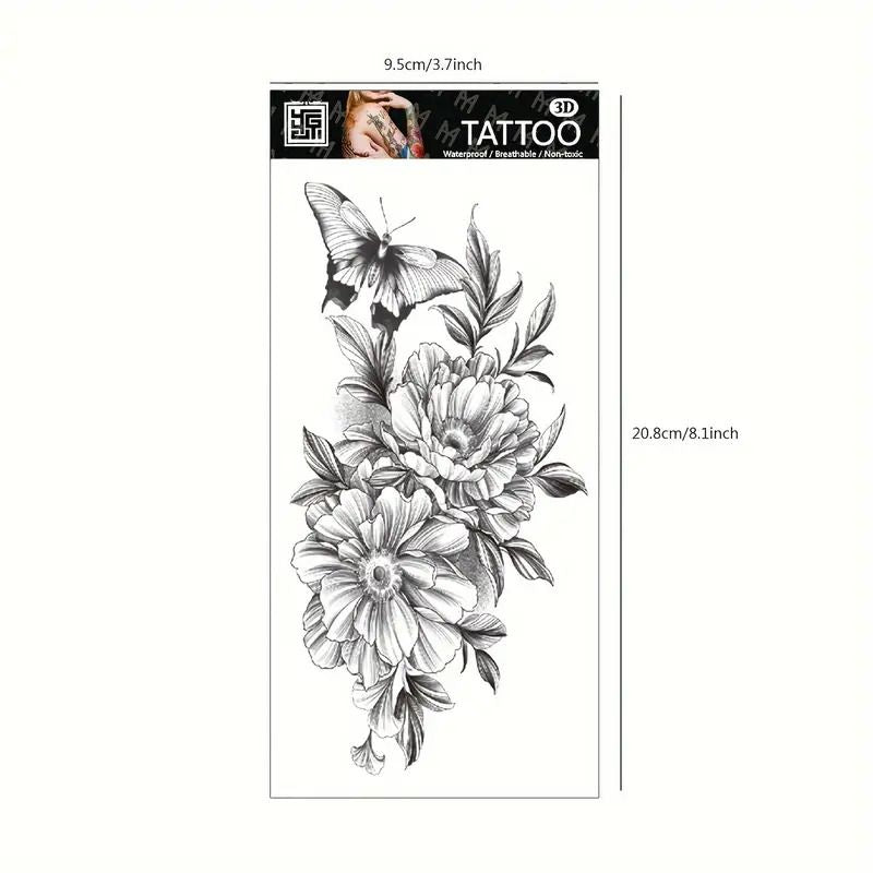 6 Pcs Waterproof Black Flower Pattern Body Tattoo Stickers - Durable, Long-Lasting for 3-5 Days, Suitable for Men and Women on Arm, Chest, Tummy, Back