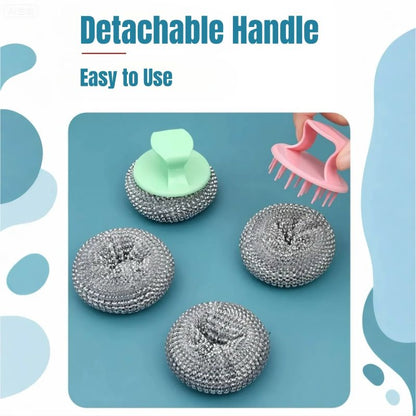 （1pc Handle+3pcs Steel Wool）Handle Cleaning Scouring Pad Soft Stainless Steel Wool Detachable Handle Rust-Resistant Durable Pots Pans Utensils Kitchen Clean Household Essential