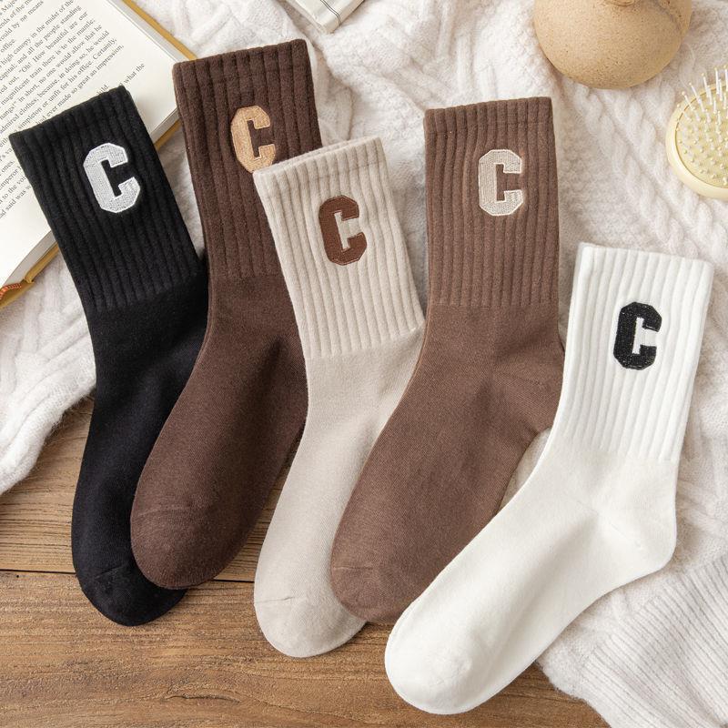 5 Pairs Of Socks Cotton Stockings Bling Ladies Trend All-fit Mid-tube Socks Autumn Winter Vertical Bar Letter Kinematic Growth Socks
