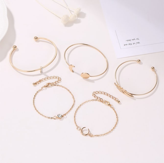 Fashion Lady Alloy Leaf Moon Open Bangle Bracelet Combination Jewellery MMSHOP Amazon Hot Sale 5 Pieces / set Gold as picture