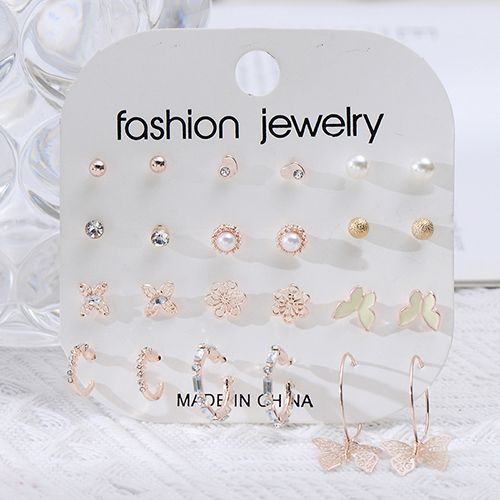 12-Pair Fashion Premium Sense Classic Stud Earrings Set Set Woman Butterfly Peach Heart Set Diamond Earrings Wholesale New Arrival Gift Christmas Black Friday Valentine's Day